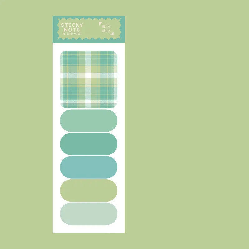 Colourful memo pad sticky notes set showing six plaid designs with 67mm x 200mm sheets