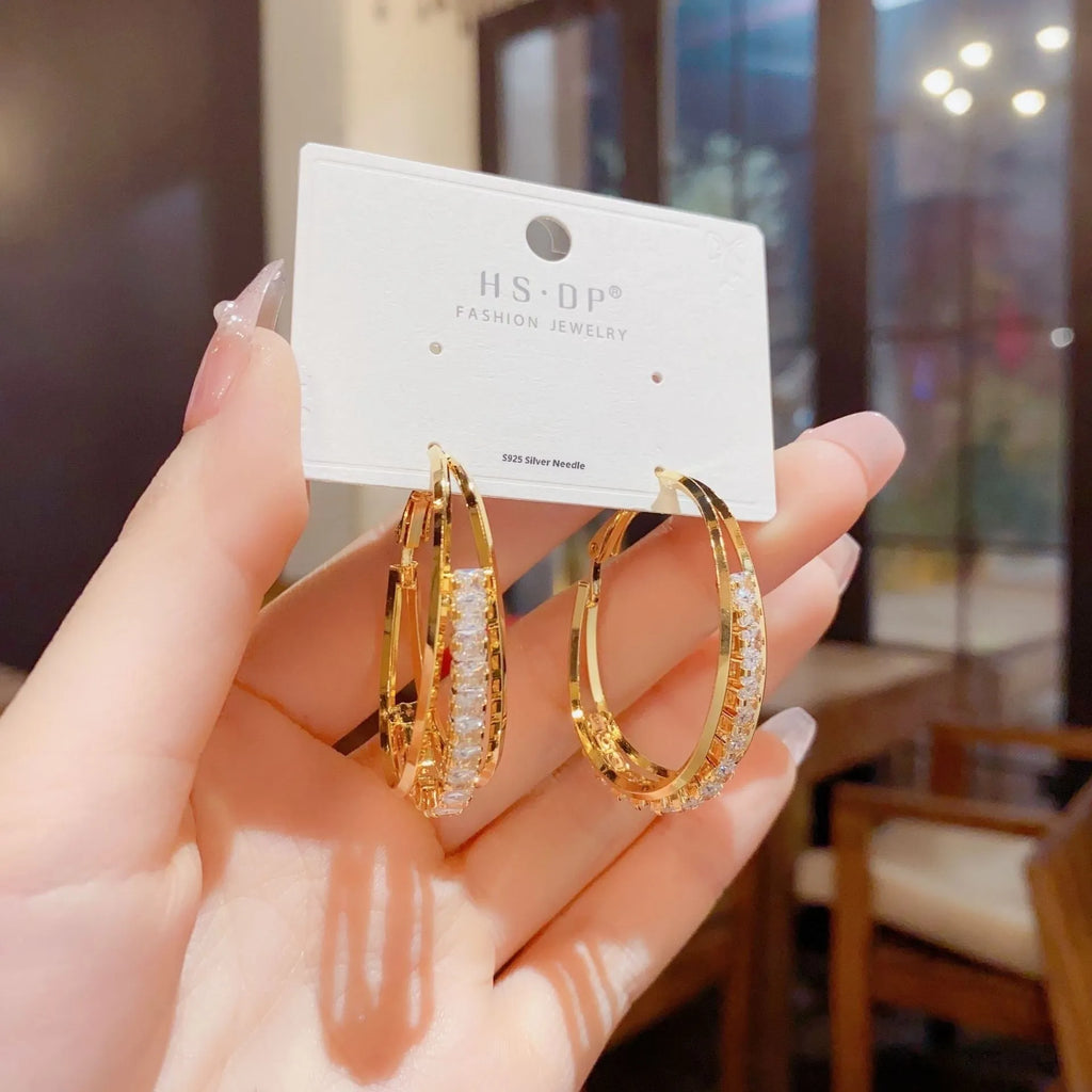 Fashion OL zircon oval ear ring, thick gold plated copper, geometric women earring