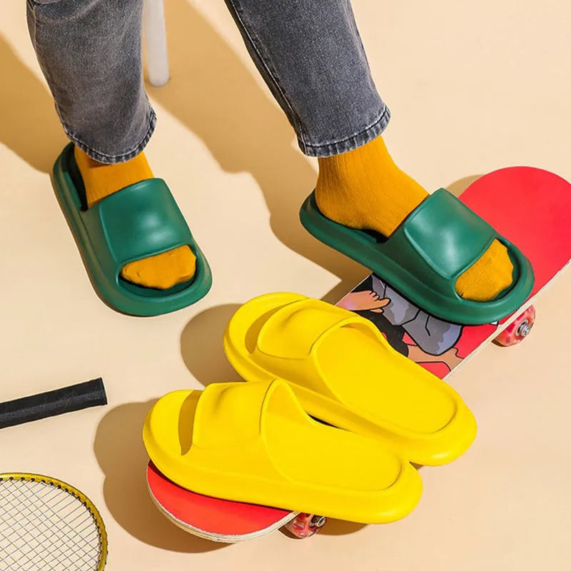Soft EVA flip-flop slippers with a thick sole, shown in multiple colour options.