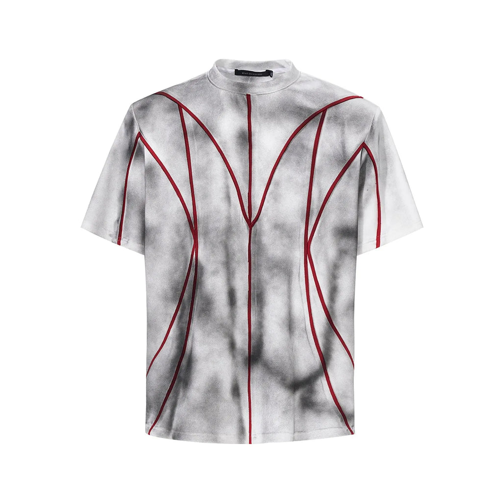 Short sleeve t-shirt with padded shoulders and three-dimensional line patchwork design on a round neck.