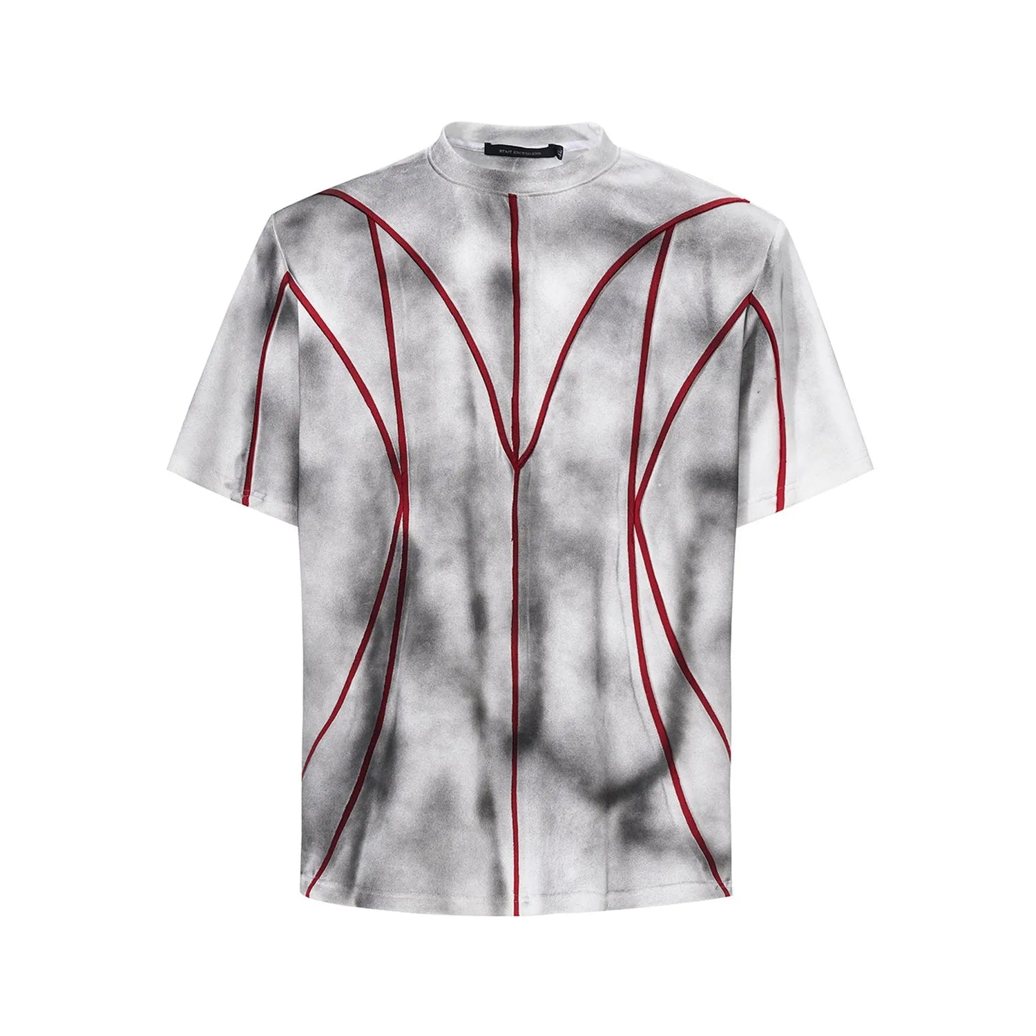 Short sleeve t-shirt with padded shoulders and three-dimensional line patchwork design on a round neck.