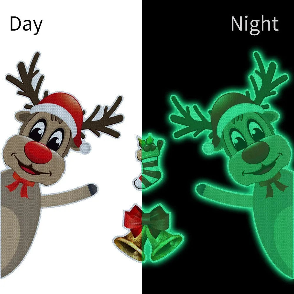 Cartoon Christmas elk and bell design magnetic bumper stickers with reflective and luminous properties.