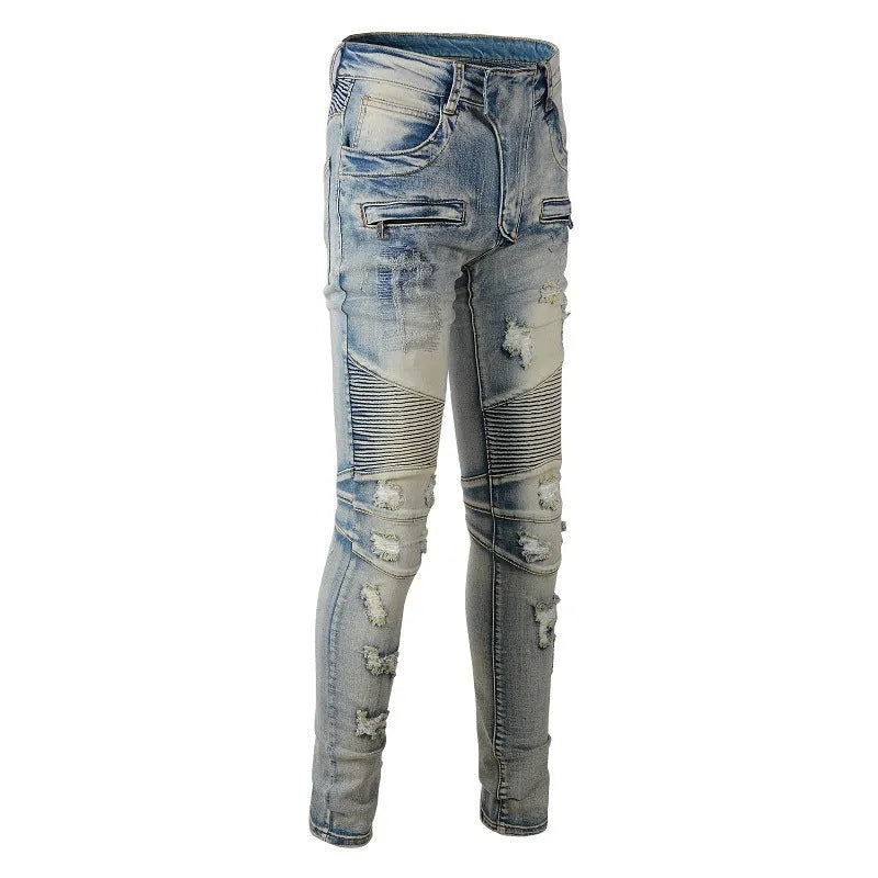 Men's light blue slim fit distressed jeans with hand-frayed details and a straight leg cut.