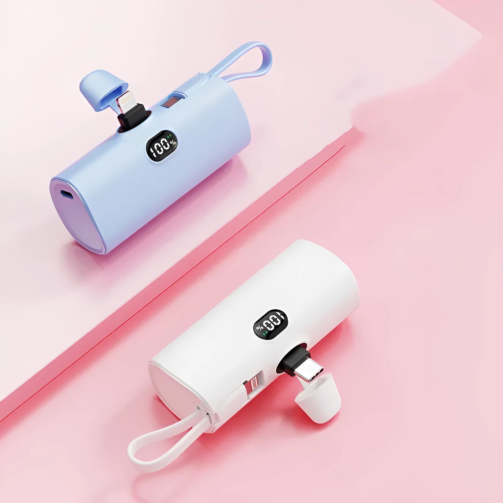 Capsule-shaped wireless power bank with digital display showing battery percentage