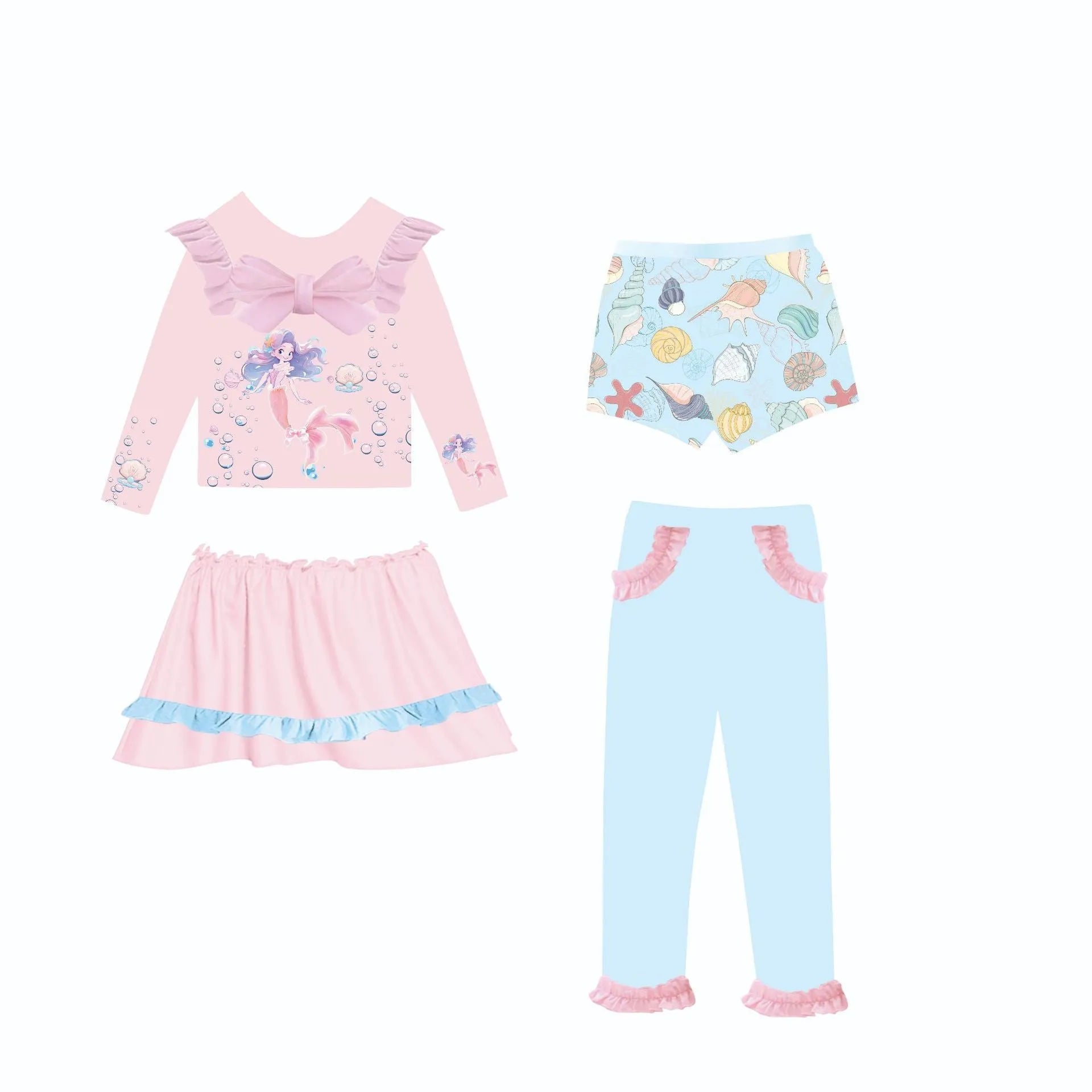Girl's four-piece gilded mermaid swimsuit set in Baby's Ocean colour.