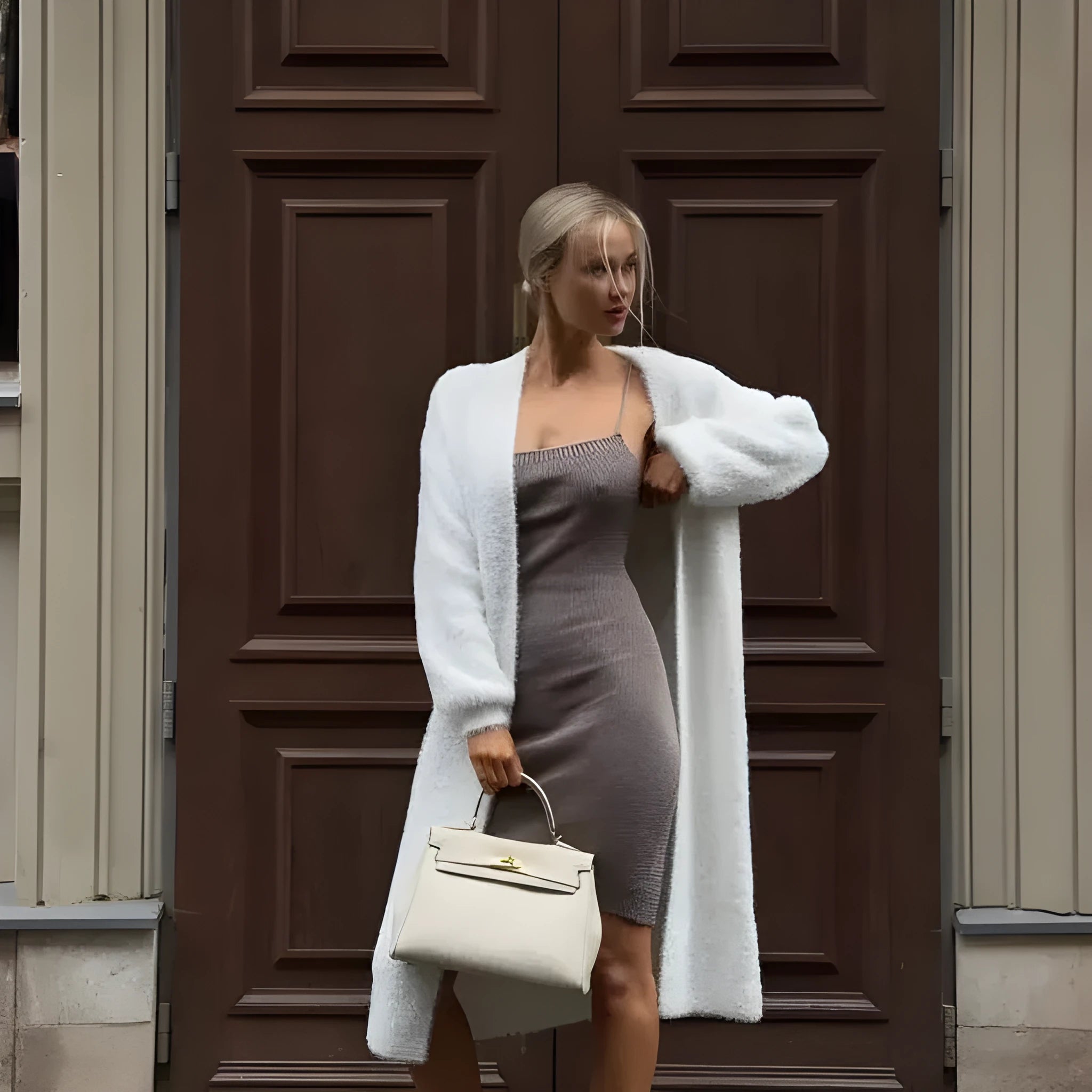 White longline knitted cardigan jacket with regular sleeves on a model.