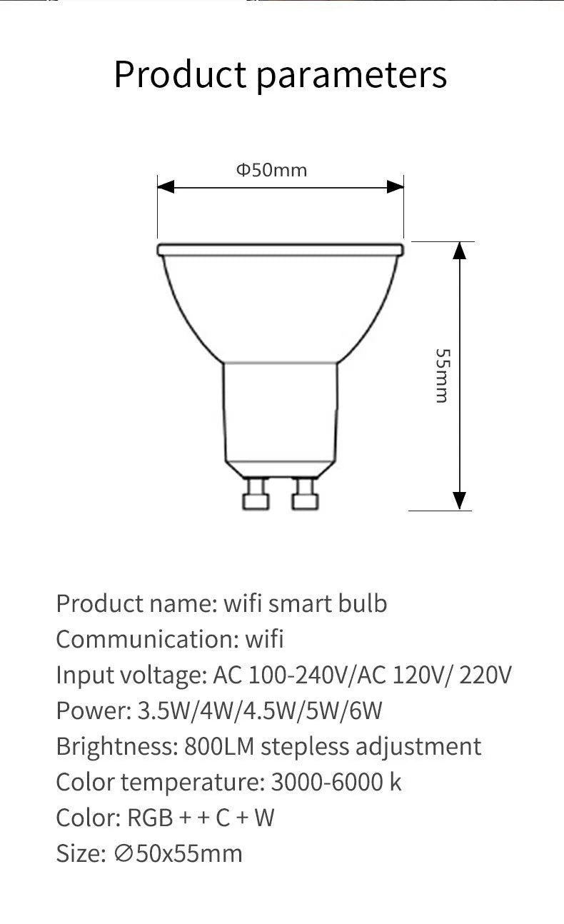 RGBCCT 5W smart GU10 WiFi LED spotlight bulb with voice control.