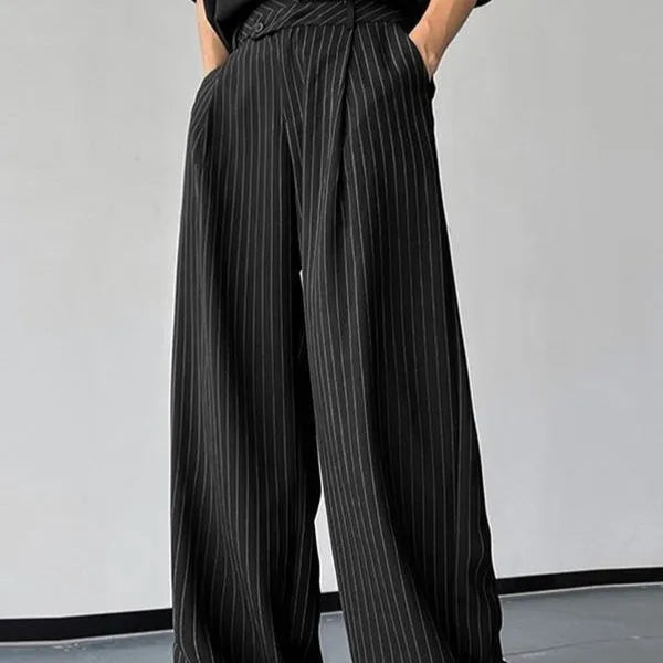 Men's black vertical striped pleated casual trousers with high elasticity fabric