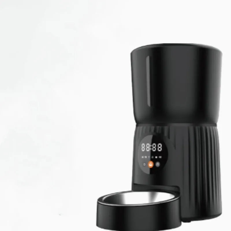 Black automatic pet feeder with food container and digital display