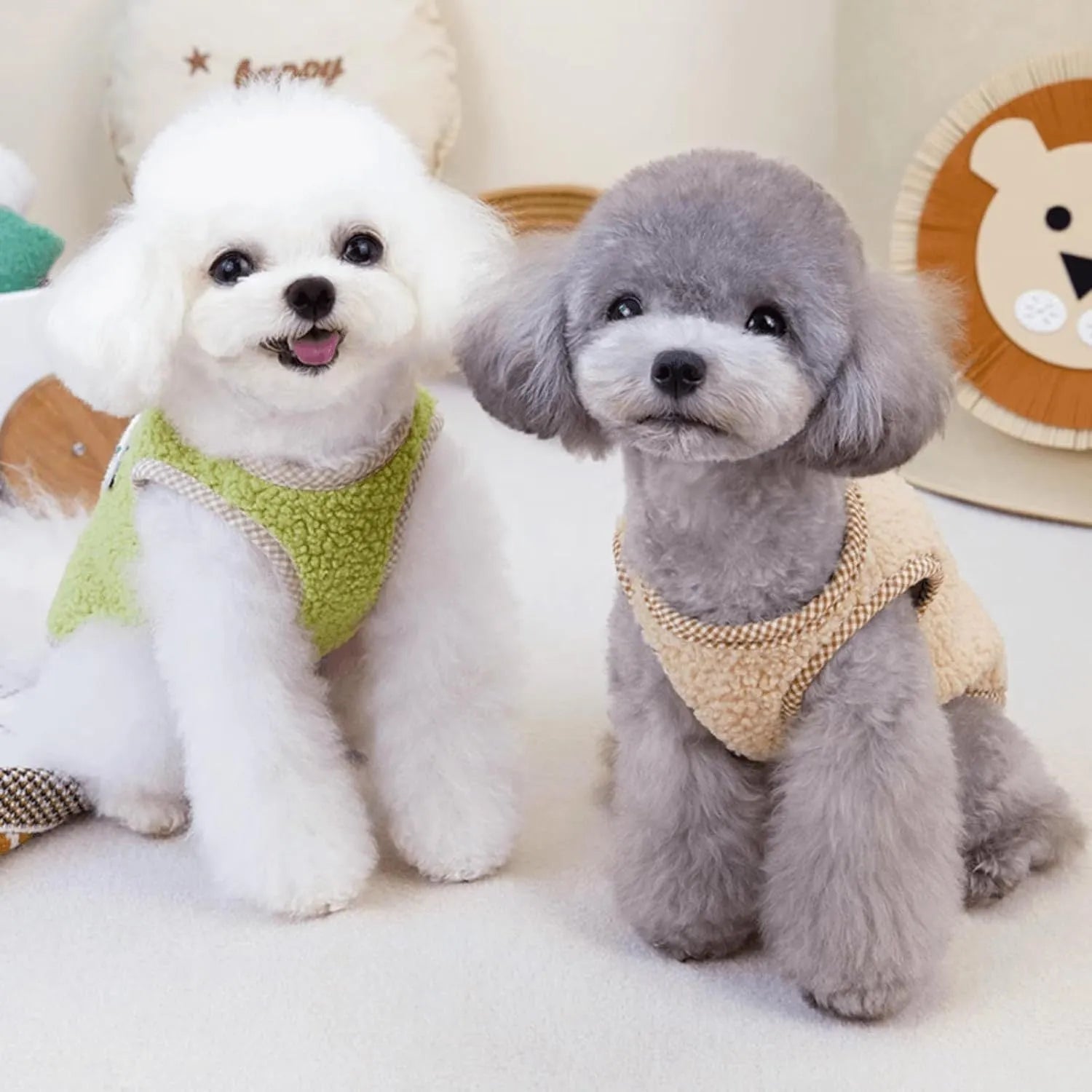 Green thickened coral fleece dog sweatshirt vest with a metal leash ring on the back