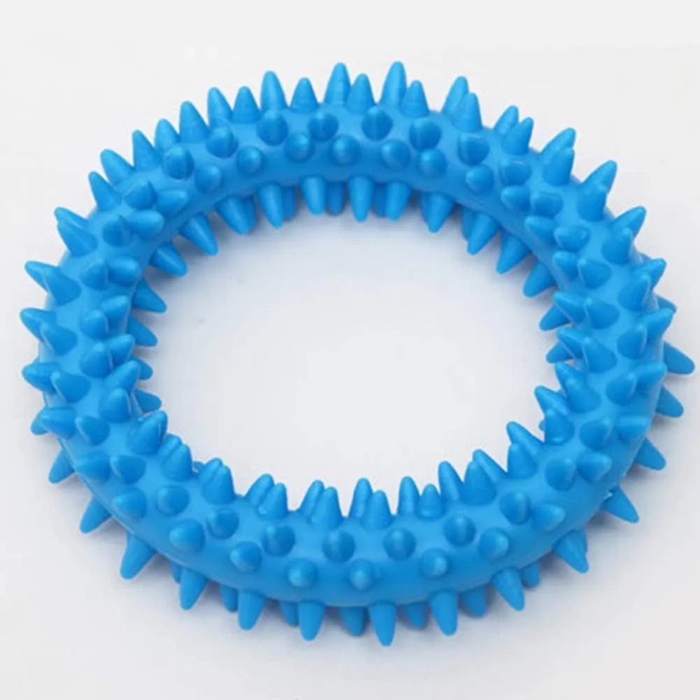 Blue TPR spiky circle dog chew toy for dental cleaning on a white background.