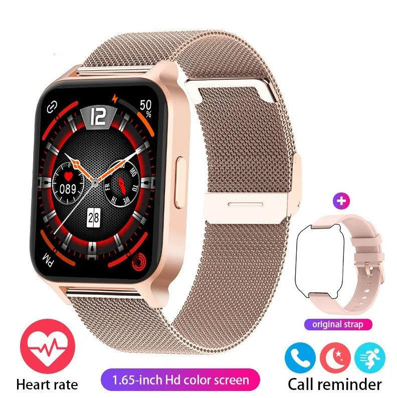 Smart colour screen health watch with black mesh strap displaying heart rate monitoring interface