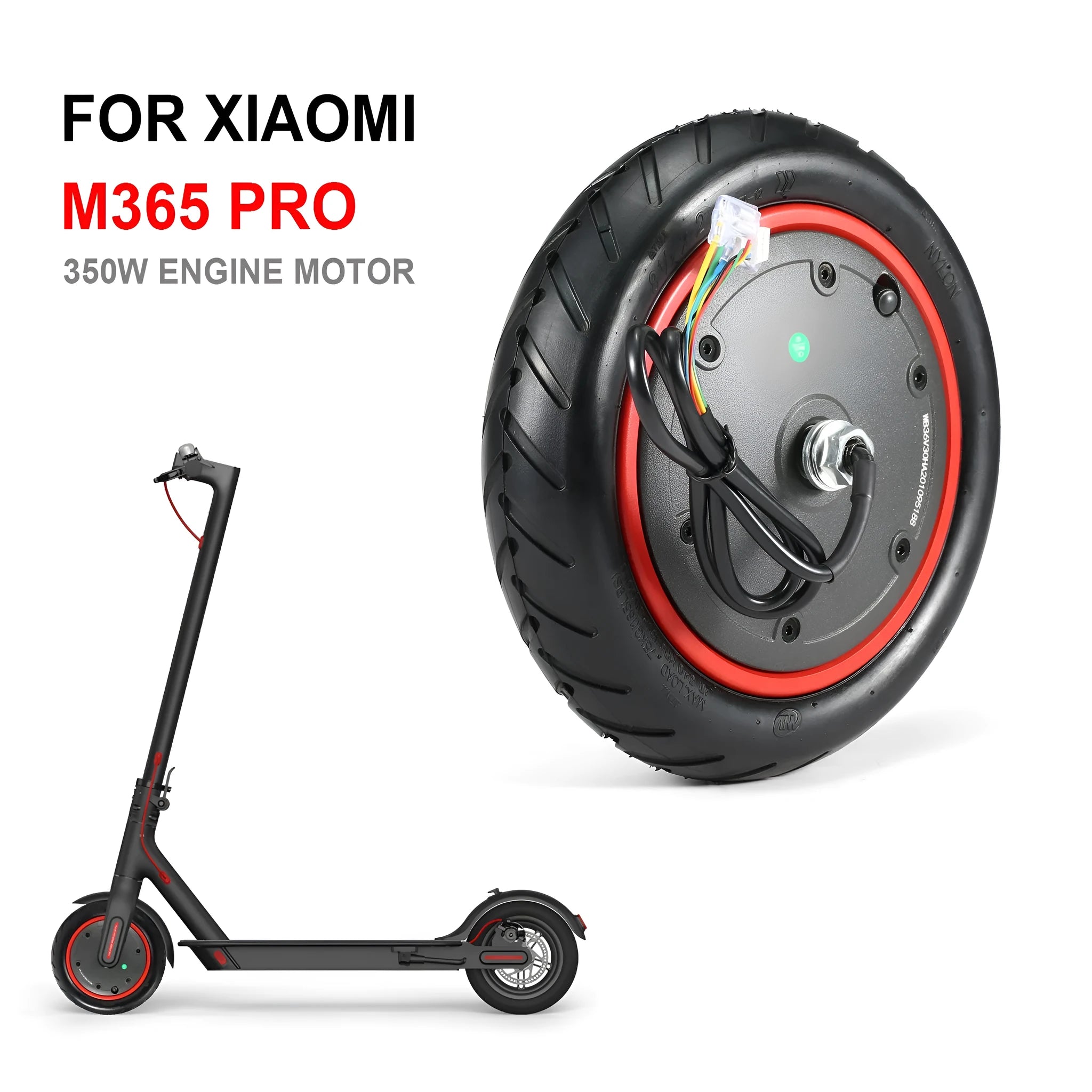 8.5-inch electric scooter replacement motor with black pneumatic tyre fitted, Pro 350W style.
