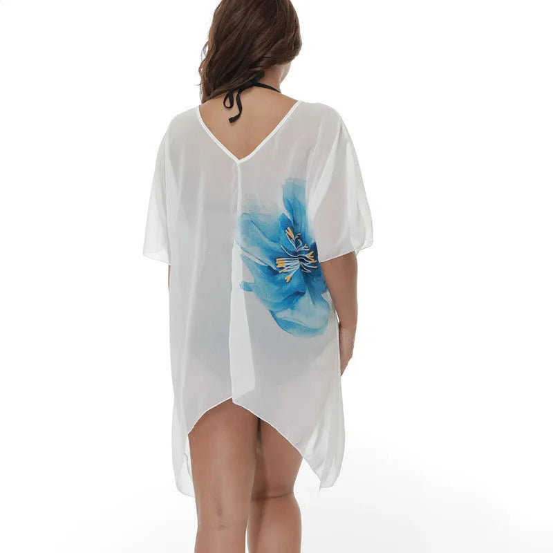 White plus size loose beach cover-up blouse for women, shown as swimsuit cover.