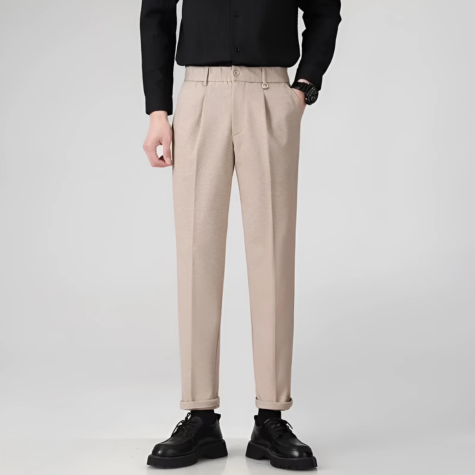 Men's straight leg trousers in draped casual business style available in four colours