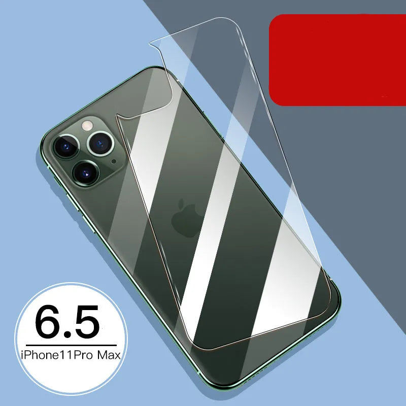 Tempered glass screen and rear camera protectors for Apple iPhone models on a white background.