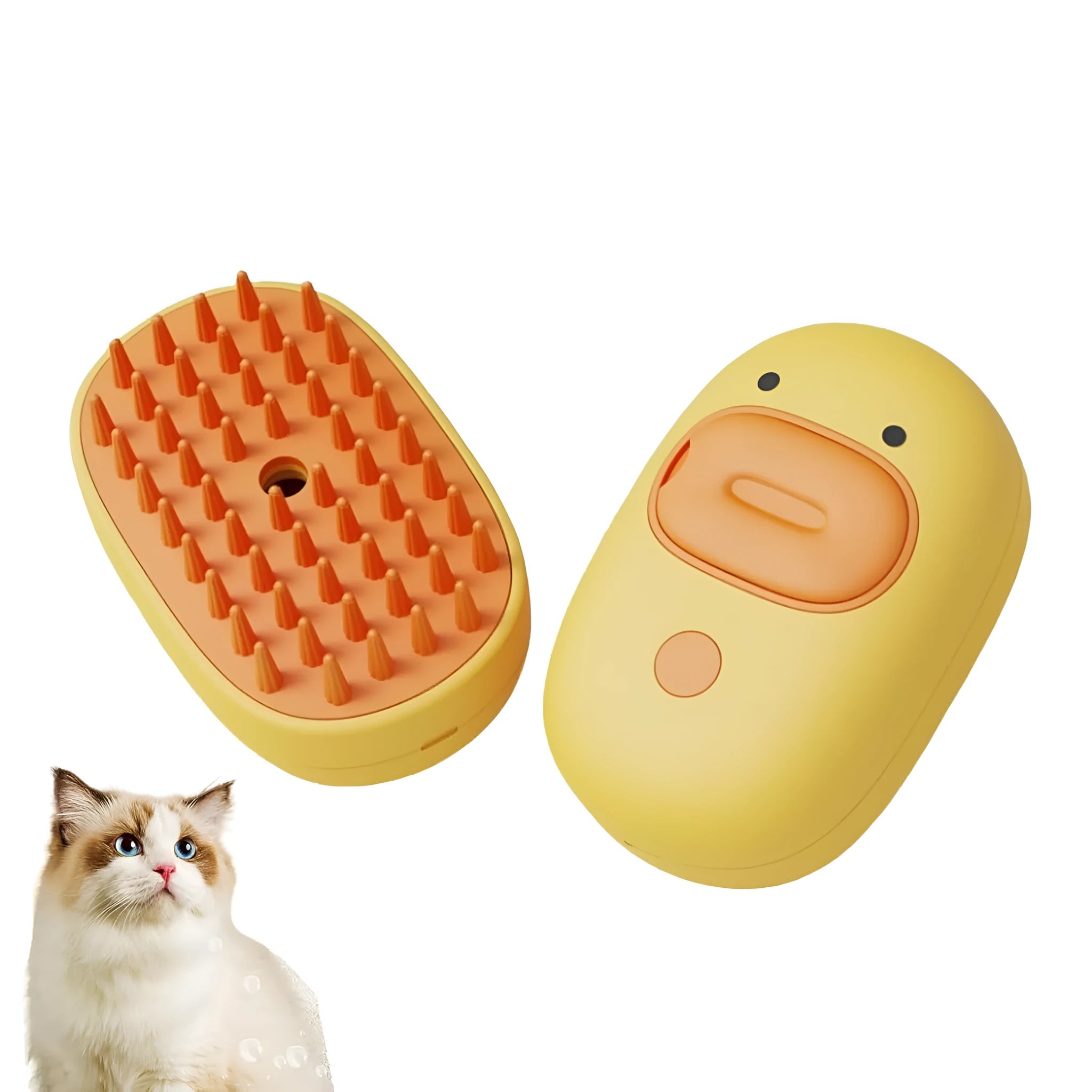 White rechargeable steam pet brush with rubber comb teeth and water tank for grooming dogs and cats.