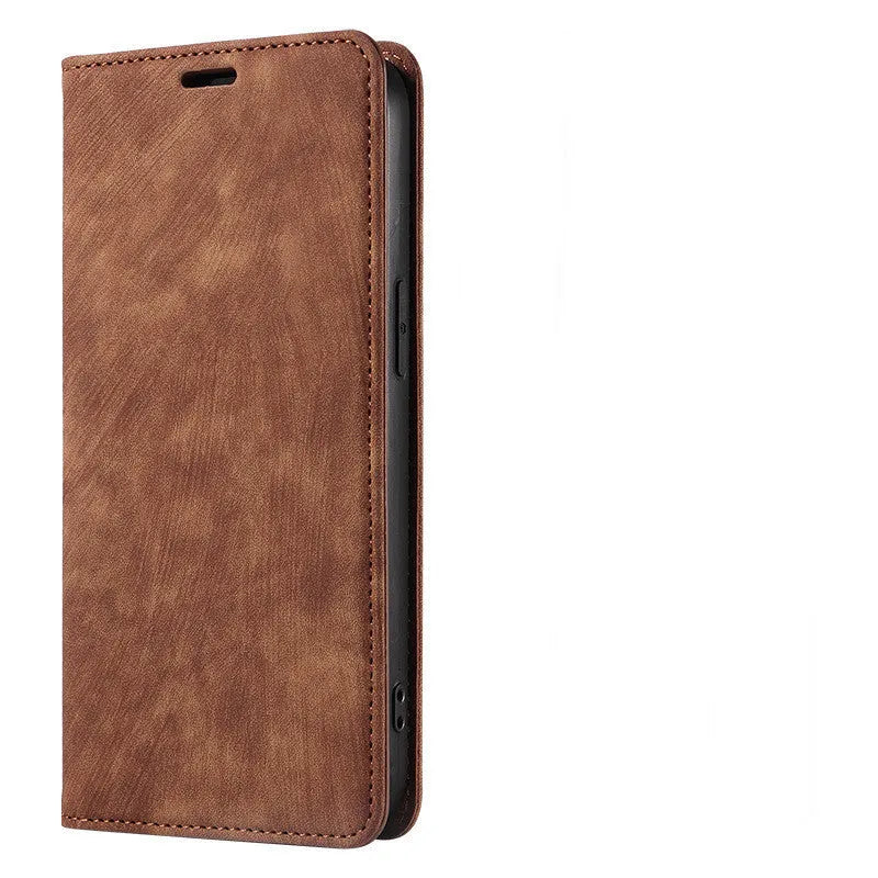Magnetic flip phone case in leather-style design for iPhone, shown in a solid colour.
