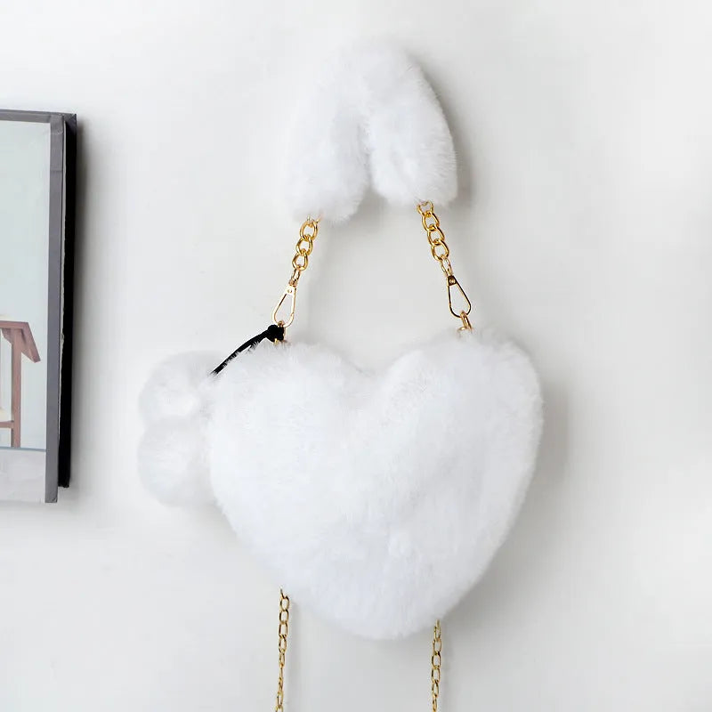 Heart-shaped soft plush women's handbag with detachable strap in multiple colour options
