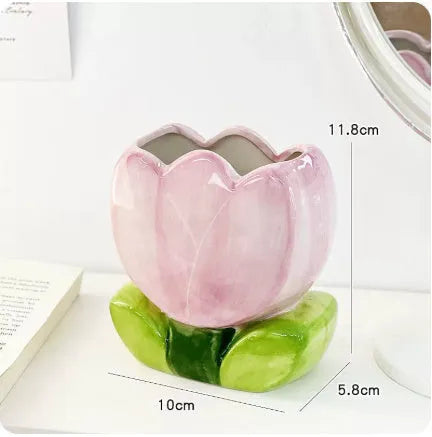 Ceramic flower pen holder storage box in floral patterns for desktop organisation