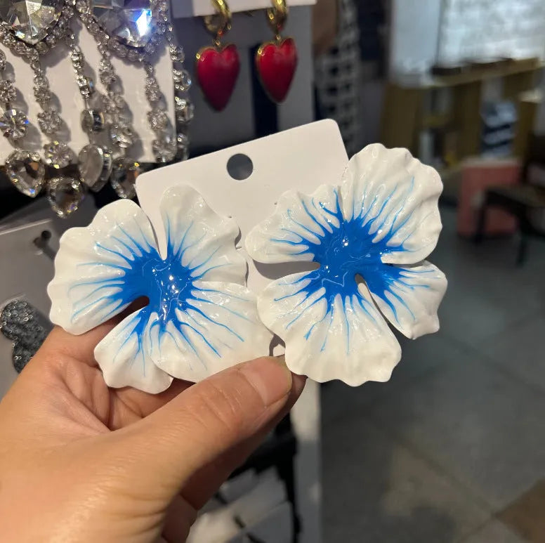 Pastoral style alloy flower stud earrings with oil-spot glaze finish in four colour variations