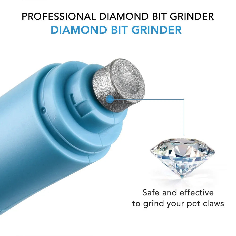 Blue electric pet nail grinder with diamond head on white background, 15.3 cm long