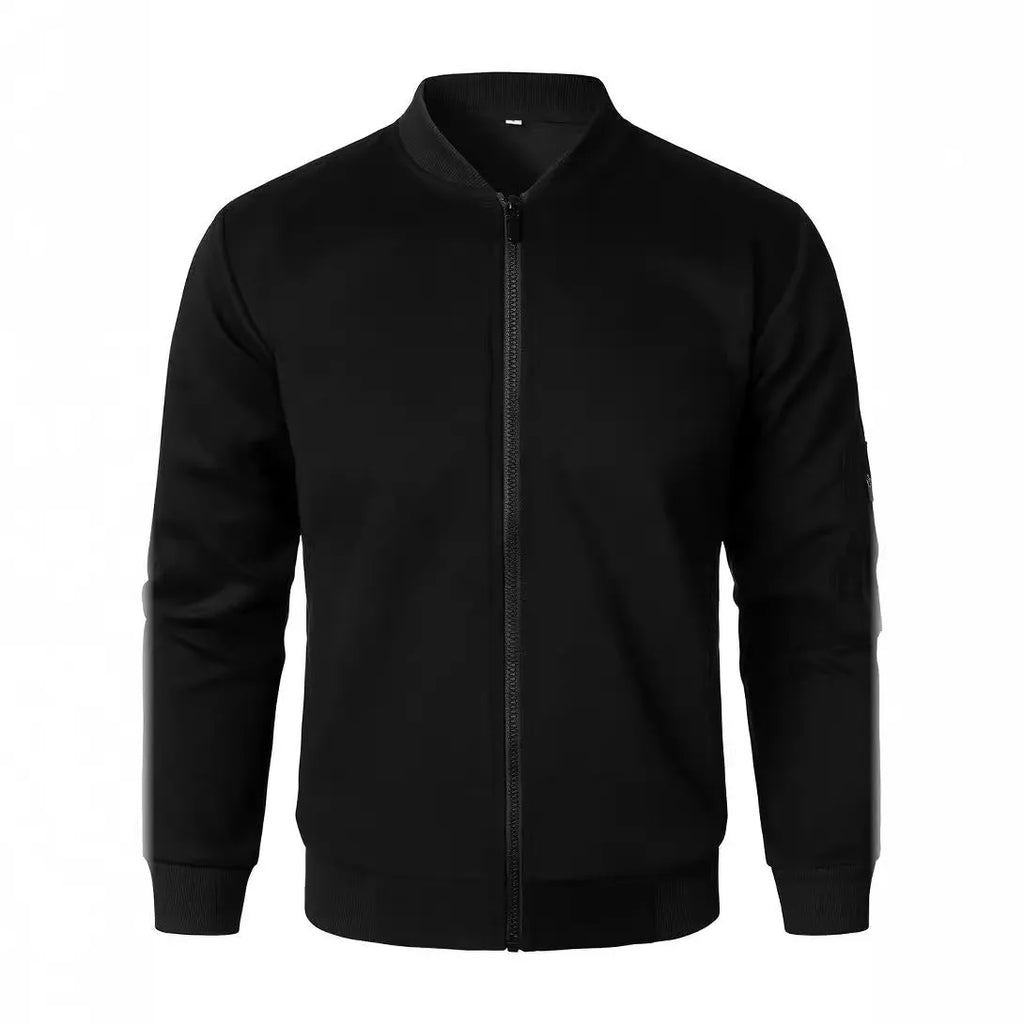 Men's loose fit knitted jacket in black, blue, or grey, showing long sleeves and light business style.