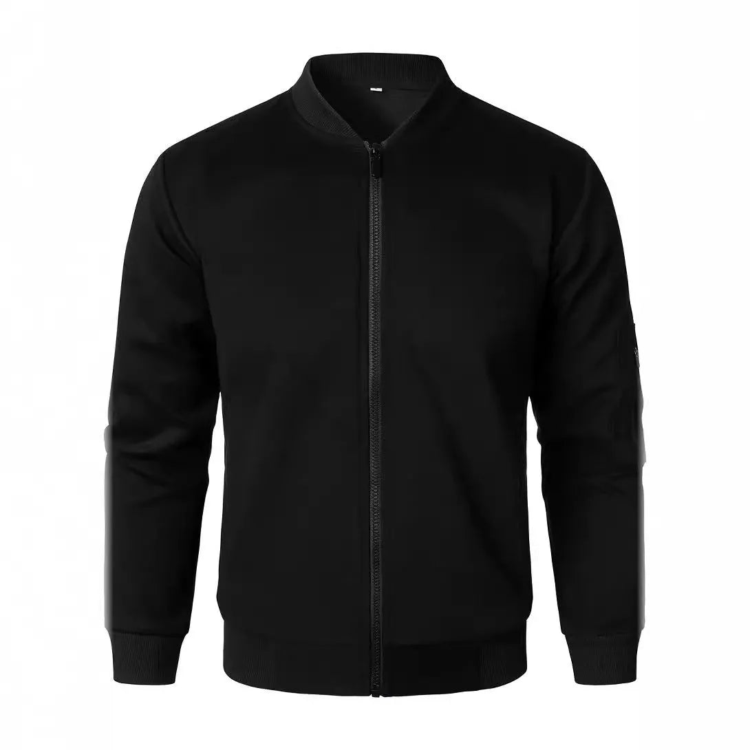 Men's loose fit knitted jacket in black, blue, or grey, showing long sleeves and light business style.