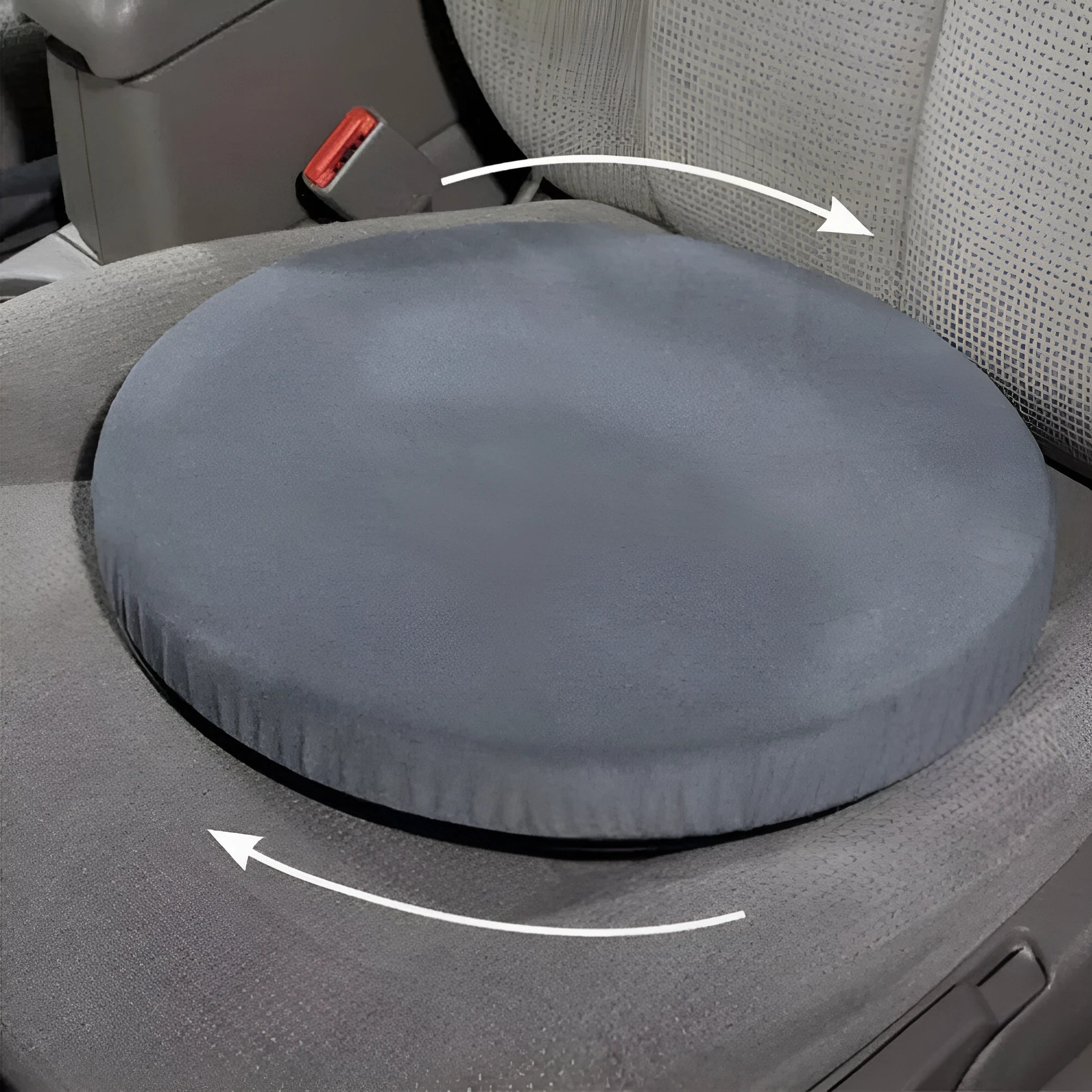 360-degree rotating car seat cushion with non-slip base showing plush cloth cover and circular shape
