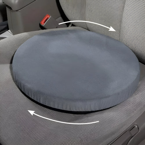 360-degree rotating car seat cushion with non-slip base showing plush cloth cover and circular shape