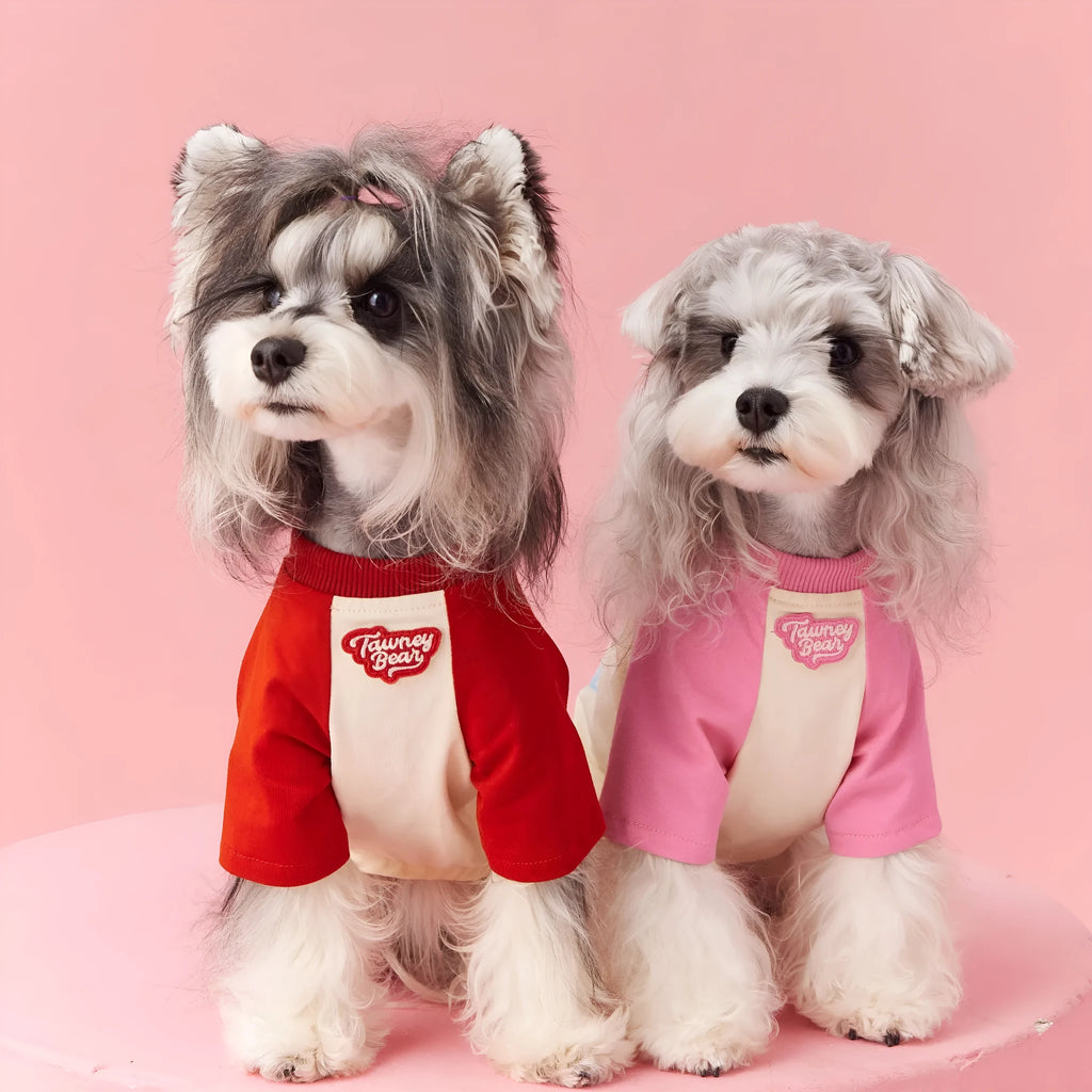 Cotton dog summer t-shirt with embroidered design in red or pink, sizes XS to XXL