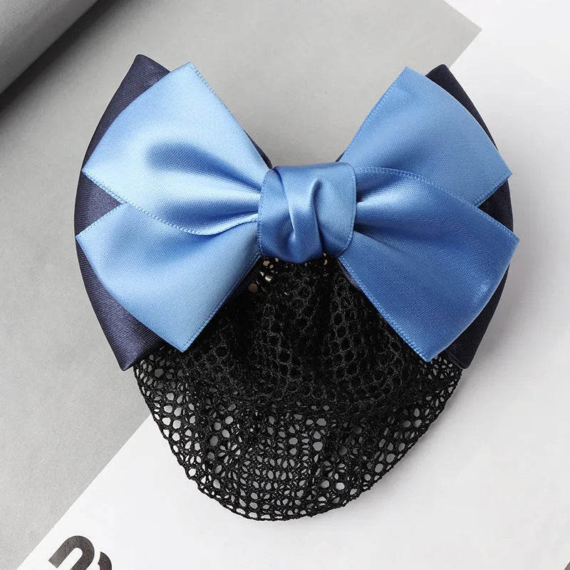 Professional waitress hair net with double bow clip in various colours including black, red, and blue mesh