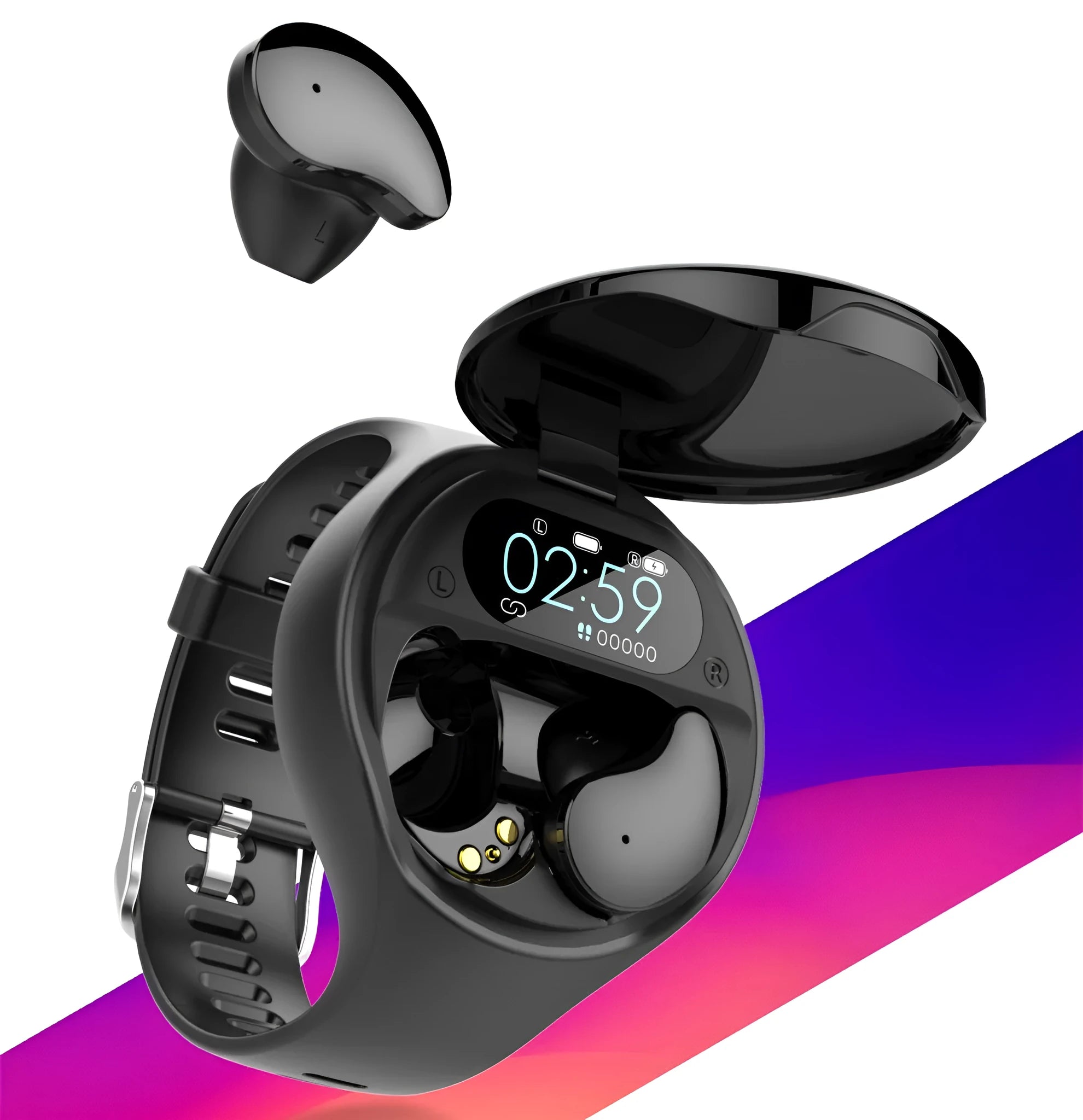 Black detachable smart bracelet with Bluetooth TWS earphones showing colour screen displaying heart rate
