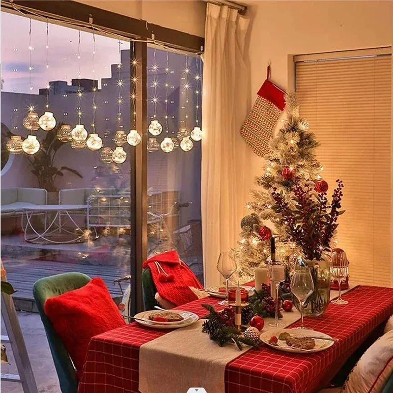 LED Christmas curtain light string with 10 decorative PVC lamp balls showing fairy, snowman, and wishing ball designs.