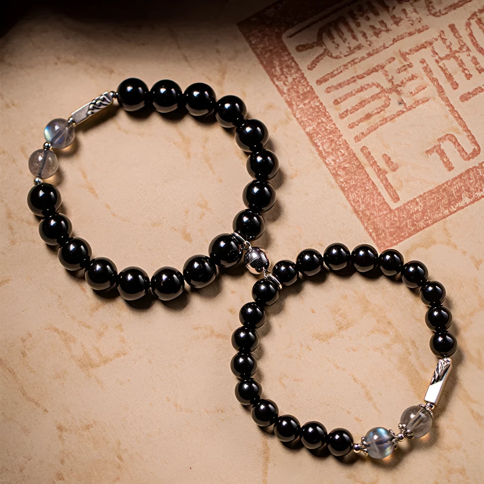 Obsidian Buddha beads DIY couple bracelet kit with 8mm and 10mm national style beads