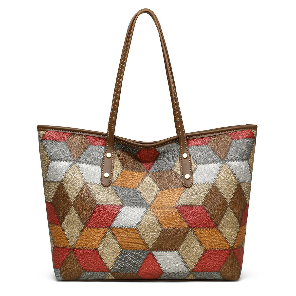 Women's PVC large capacity shoulder handbag with sandwich pocket outer design in blue brown colour