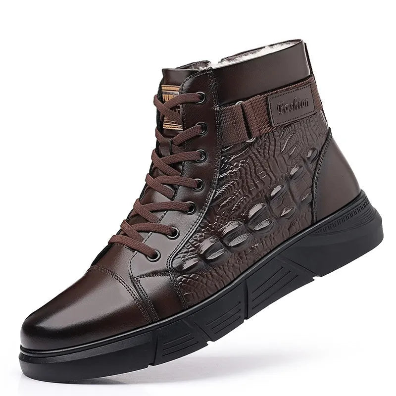 Black genuine leather snow boots with fur lining and lace-up front