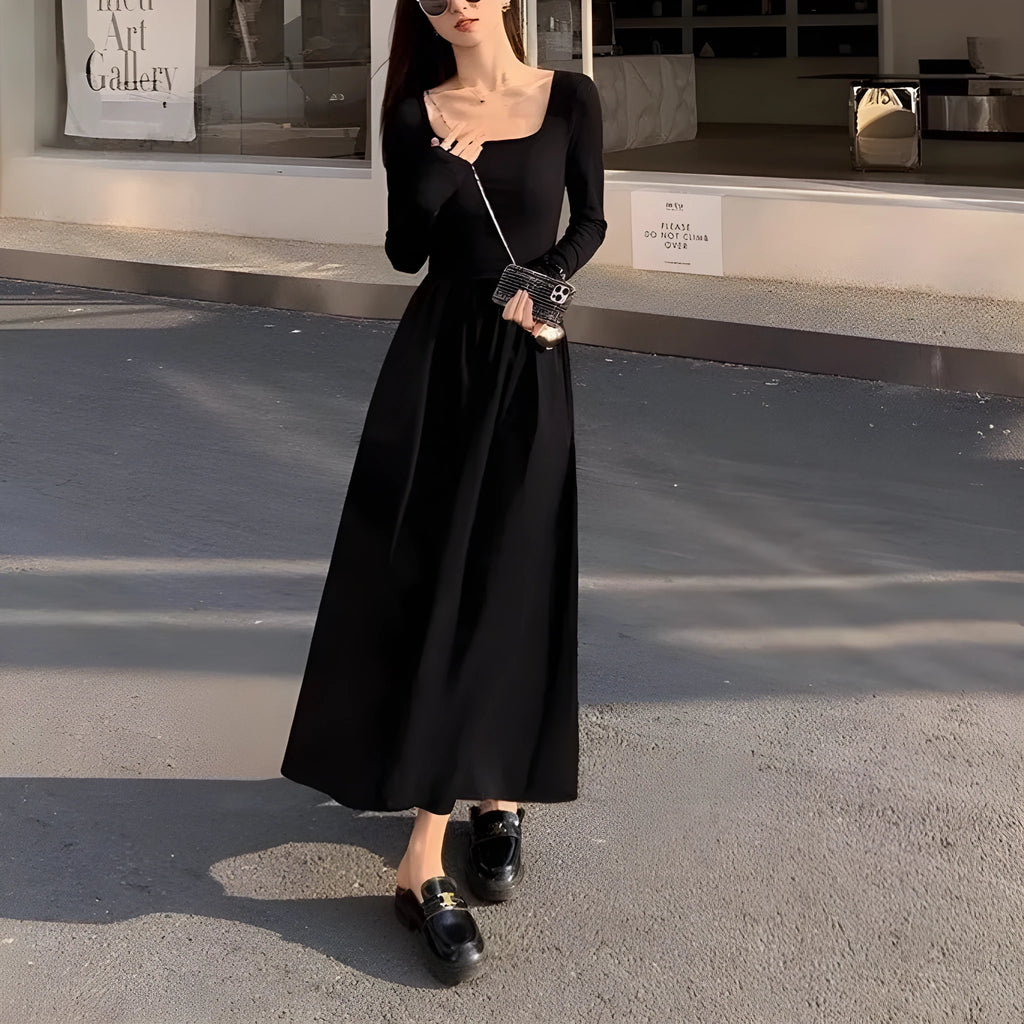 Women's square collar knitted dress with elastic waist and A-line midi skirt