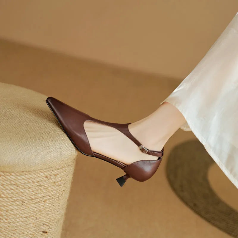 Women's brown cowhide leather pointed toe vintage high heels UK size 37