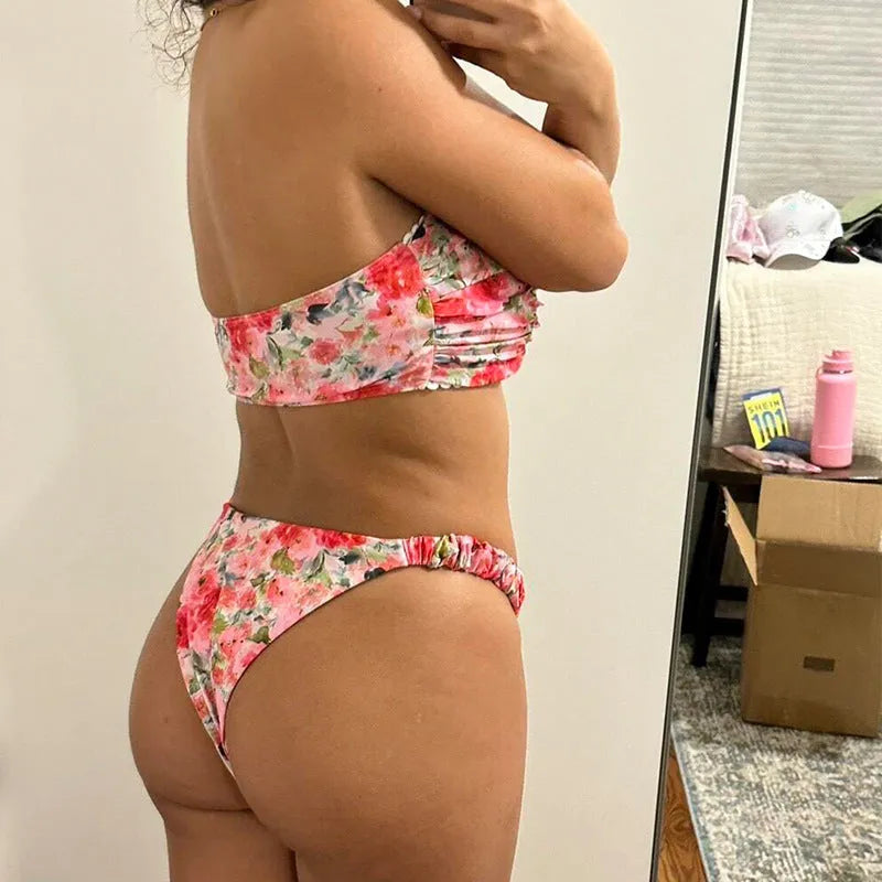 Women's floral printed bikini set with lace-up tube top and coordinating shorts for swimming