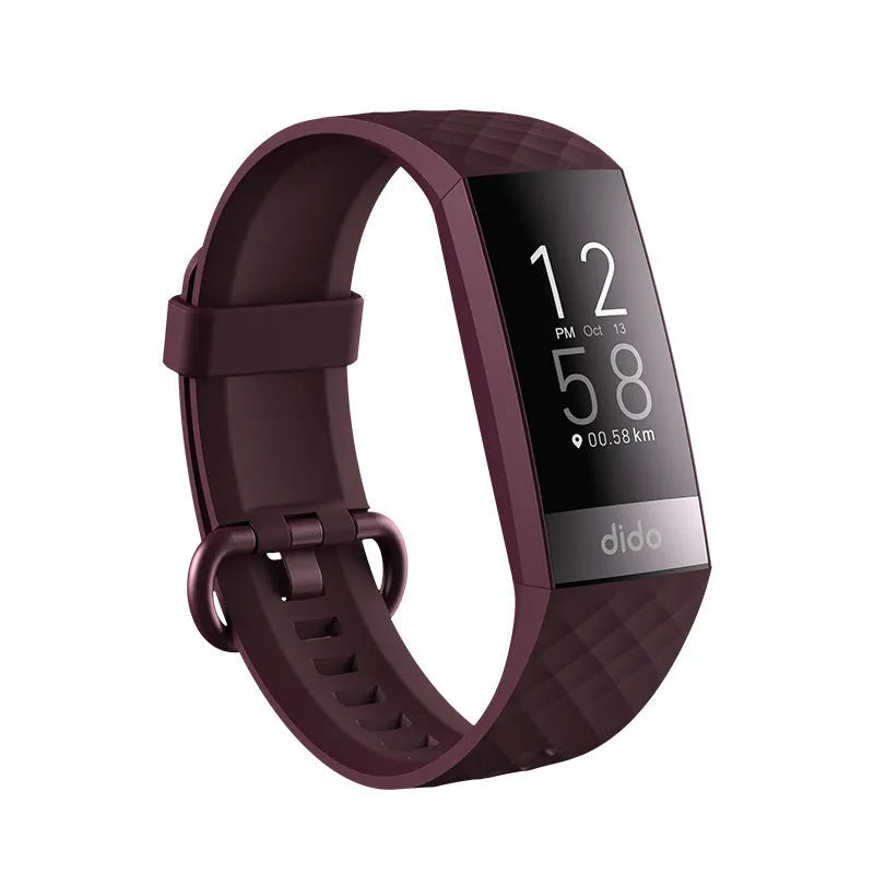 Black smart health bracelet with 1.1-inch display showing blood pressure and heart rate monitoring data