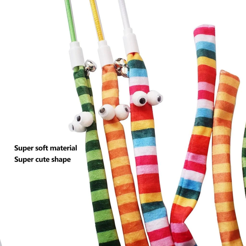 Colourful cat wand toy with long plush strip attachment for interactive play