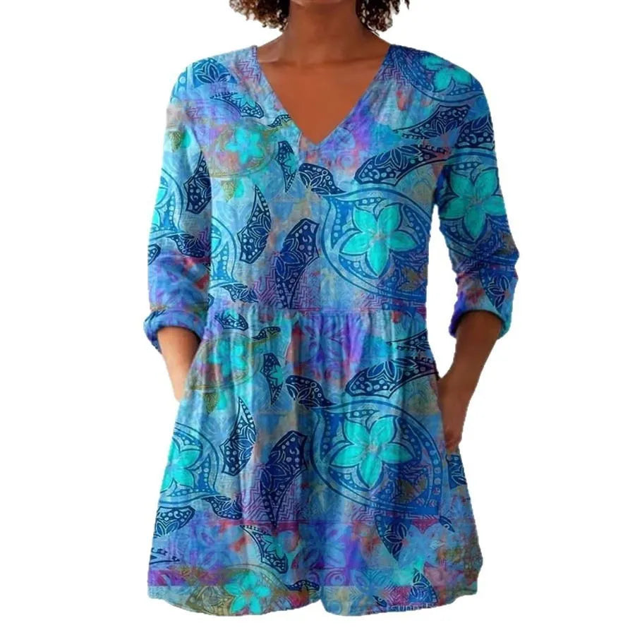 Women's retro slim fit printed long-sleeved polyester top on a hanger, showing digital print design.