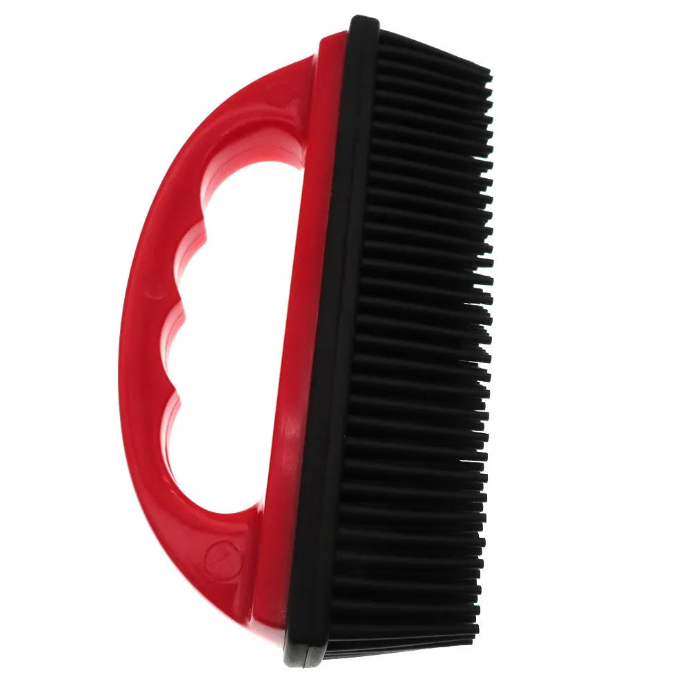 Red pet hair removal massage brush measuring 160x85mm for bath grooming and carpet cleaning