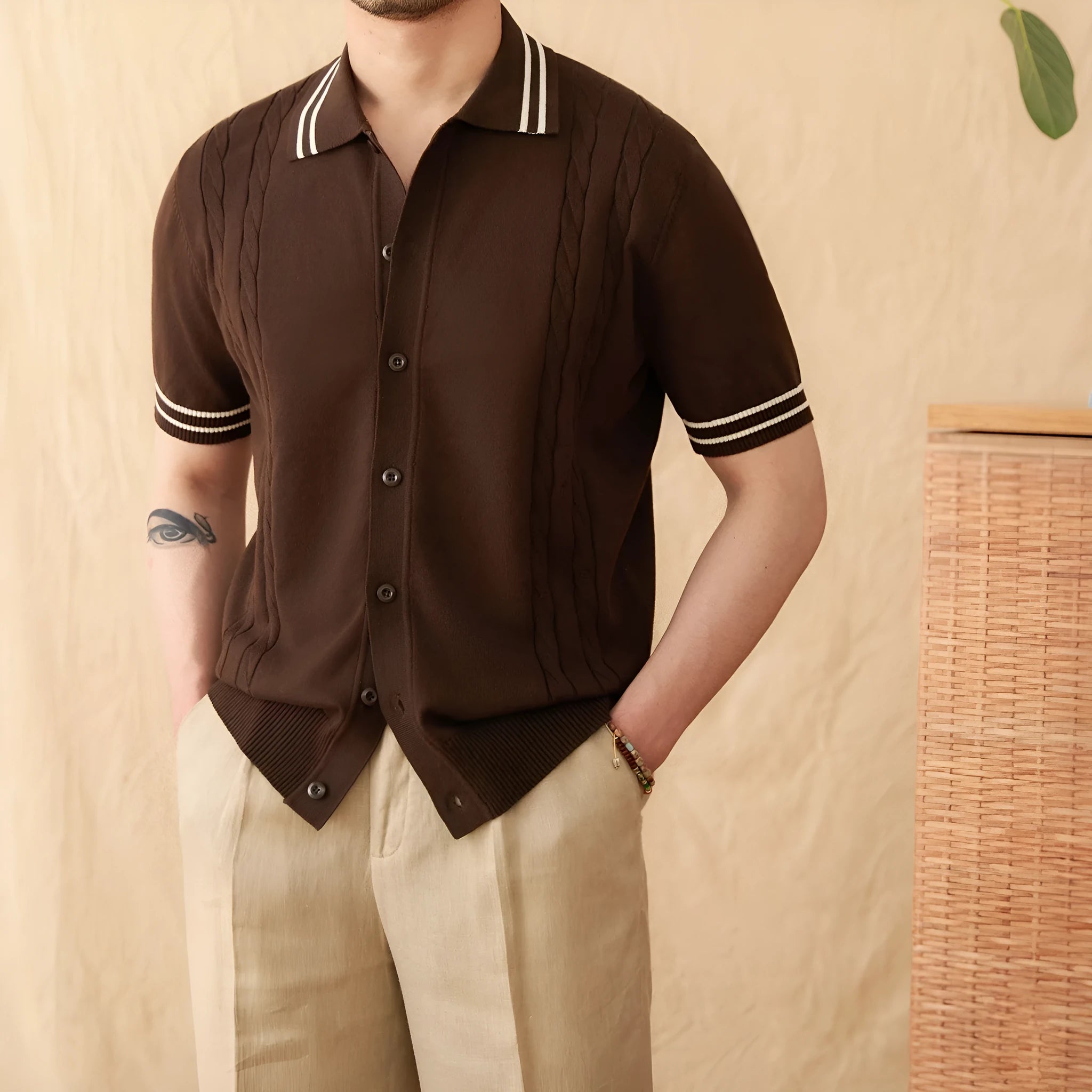 Cotton-blended lapel polo shirt in apricot colour with short sleeves
