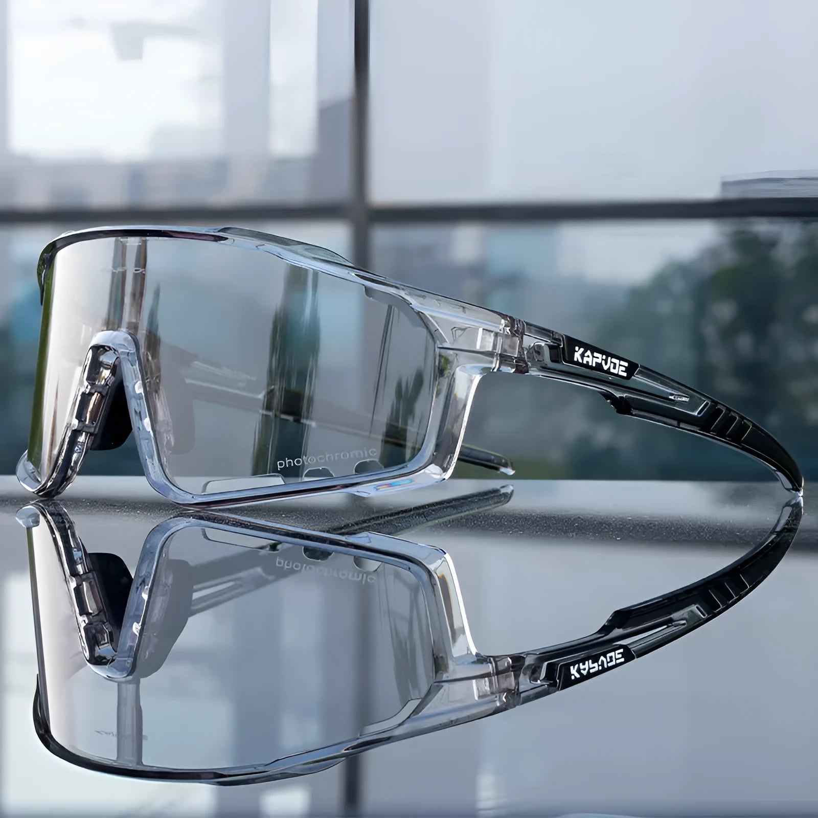 TR90 semi-rimless cycling sunglasses with photochromic lenses, shown in multiple colour options.