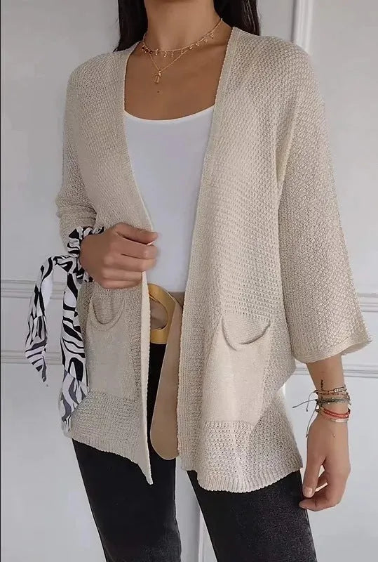 Women's waffle knit cardigan coat in army green with nine-quarter sleeves and pockets