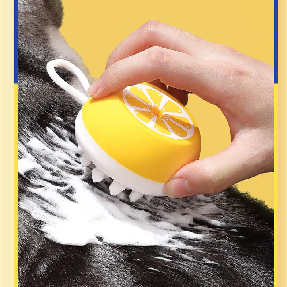 Yellow silicone pet bath brush with massage head and comb functions for dog grooming
