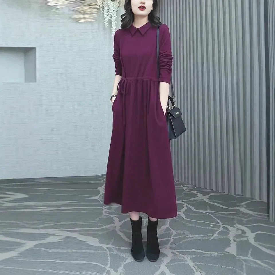 Purplish red plus size women's dress with extra long sleeves and urban style for autumn winter wear