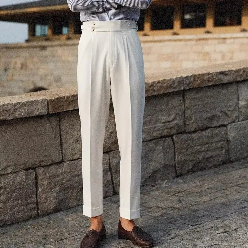 Slim fit straight-leg suit trousers in apricot, black, and white colours